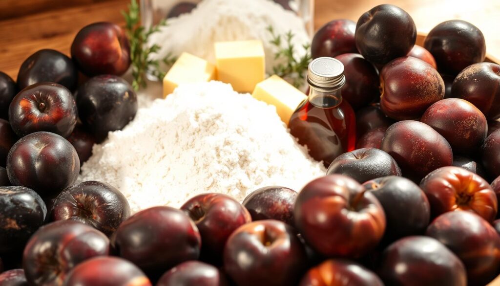 A bountiful arrangement of ingredients for a classic Polish plum cake, bathed in warm, natural light. In the foreground, an array of dark, ripe plums, glistening with their tangy juices, artfully arranged. In the middle ground, a pile of all-purpose flour, nestled alongside granulated sugar, softened butter, and fragrant vanilla extract. In the background, a few sprigs of fresh thyme and a dusting of ground cinnamon, hinting at the rich, aromatic flavors to come. The composition is balanced, with a rustic, inviting atmosphere, capturing the essence of a homemade, traditional plum cake.