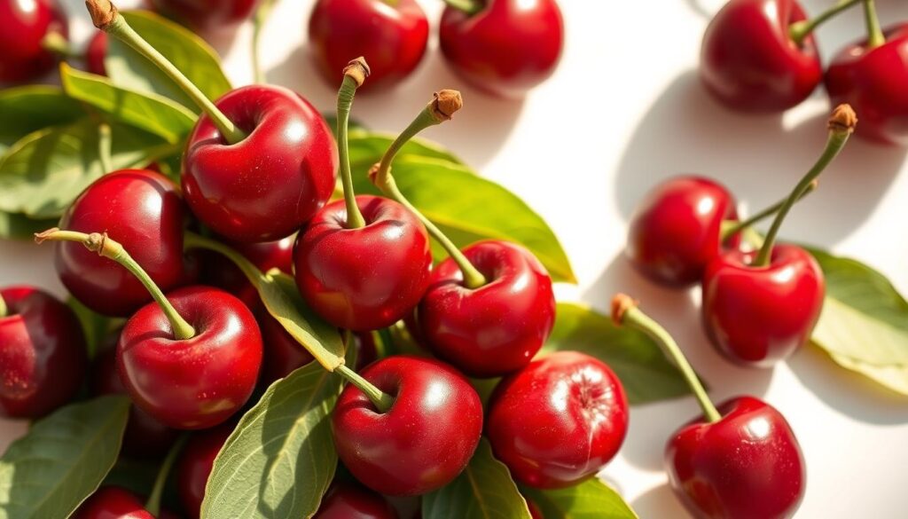 A bountiful arrangement of ripe, juicy cherries set against a clean, light background. The cherries are nestled amongst fresh green leaves, their deep red hues glistening under soft, natural lighting. The composition conveys a sense of simplicity and health, highlighting the vibrant colors and natural appeal of these low-calorie fruits. The lighting creates a warm, inviting atmosphere, emphasizing the cherries' role as a nutritious, guilt-free snack or addition to low-calorie diets. The image is captured with a macro lens, allowing the viewer to appreciate the intricate details of the cherries' texture and shine. A bountiful arrangement of ripe, juicy cherries set against a clean, light background. The cherries are nestled amongst fresh green leaves, their deep red hues glistening under soft, natural lighting. The composition conveys a sense of simplicity and health, highlighting the vibrant colors and natural appeal of these low-calorie fruits. The lighting creates a warm, inviting atmosphere, emphasizing the cherries' role as a nutritious, guilt-free snack or addition to low-calorie diets. The image is captured with a macro lens, allowing the viewer to appreciate the intricate details of the cherries' texture and shine.