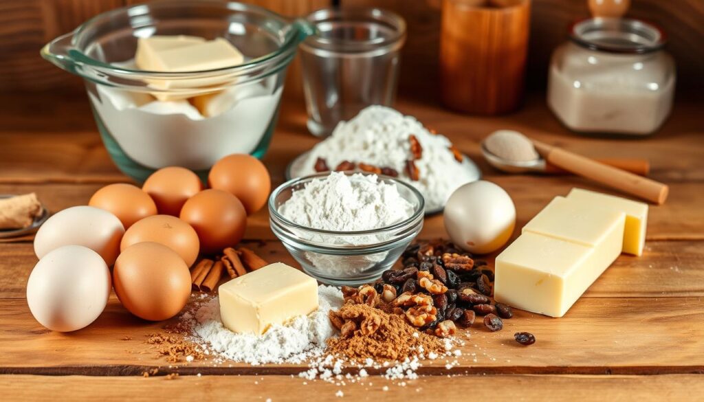 A bountiful spread of ingredients for the traditional Polish cake, Salceson, arranged neatly on a rustic wooden kitchen counter. In the foreground, fresh eggs, a stick of butter, and a bowl of flour sit among a scattering of spices like cinnamon and nutmeg. In the middle ground, a small pile of chopped walnuts and raisins add texture and flavor. Behind them, a glass measuring cup and a mixing spoon hint at the baking process to come. The lighting is soft and natural, casting gentle shadows and highlighting the warm, earthy tones of the ingredients. The overall scene conveys a sense of homemade comfort and culinary craftsmanship, befitting the cherished recipe for this beloved Polish pastry.