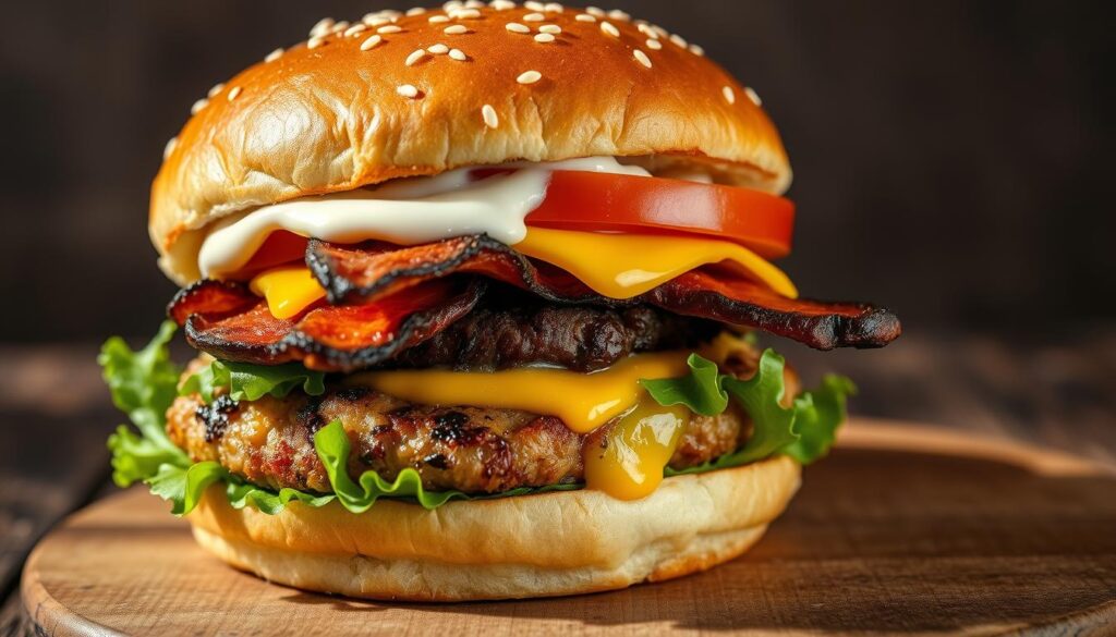 A close-up, detailed image of a hearty lumberjack-style burger on a rustic wooden surface. The burger features a large, juicy grilled chicken patty, topped with crispy bacon, melted cheese, fresh lettuce, tomato, and a generous smear of creamy mayonnaise. The bun is toasted to a golden brown, with visible sesame seeds. The lighting is natural and slightly soft, casting gentle shadows and highlighting the textures of the ingredients. The composition emphasizes the burger's cross-section, revealing its well-proportioned layers and the mouthwatering filling. The overall atmosphere conveys a sense of homemade, comforting indulgence.