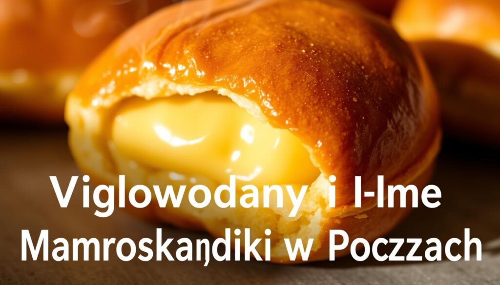 A close-up photograph of a freshly baked pączek, a traditional Polish yeast-filled doughnut. The pączek is golden brown with a shiny glaze, filled with a rich, creamy custard. Delicate tendrils of steam rise from the pastry, revealing its warm, fluffy interior. The lighting is soft and natural, casting gentle shadows and highlights that accentuate the pączek's texture and shape. The background is slightly blurred, placing the focus entirely on the nutritional composition of the pączek, including its high carbohydrate content, as indicated by the title "Węglowodany i Inne Makroskładniki w Pączkach".