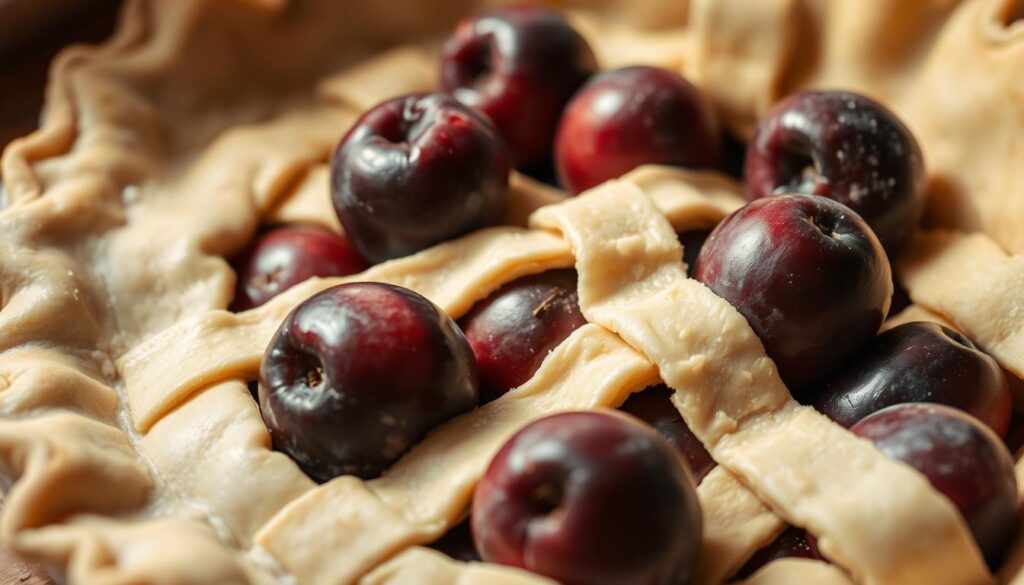 A close-up shot of a homemade pie crust being prepared, with plump, ripe plums nestled in the center. The crust has a delicate, flaky texture and a golden-brown hue, indicating it has been carefully baked to perfection. The plums are a deep, rich purple, their juices glistening as they peek through the lattice-work crust. The image is bathed in warm, soft lighting, creating a cozy, inviting atmosphere. The overall composition emphasizes the rustic, handmade quality of the dish, capturing the essence of traditional, family-style baking.