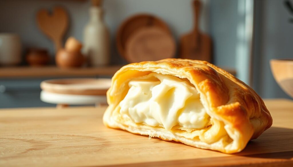 A close-up view of a homemade cheese-filled yeast pastry, resting on a wooden surface. The dough is golden-brown and flaky, revealing the creamy white cheese filling inside. Soft natural lighting casts a warm glow, highlighting the delicate texture. In the background, a clean, minimalist kitchen setting with hints of wooden elements and neutral tones. The overall composition emphasizes the appetizing details of the pastry, inviting the viewer to imagine the aroma and taste.