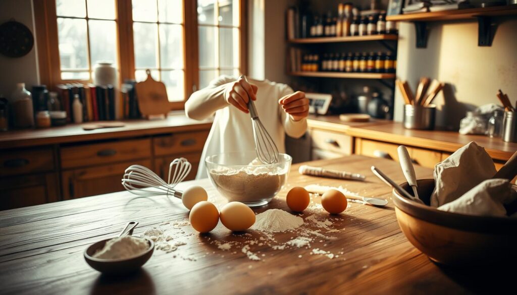 A cozy kitchen scene with a large wooden table in the foreground, where a baker carefully measures and mixes three simple ingredients - flour, eggs, and sugar - into a batter. Warm, indirect lighting filters in through a nearby window, casting a soft, golden glow over the process. Whisks, spatulas, and other baking tools are neatly arranged nearby, hinting at the care and attention to detail the baker is bringing to this homemade creation. In the background, shelves of cookbooks and jars of spices suggest this is a well-loved, frequently used space for culinary experimentation and the sharing of recipes. The overall mood is one of comfort, tradition, and the joy of baking from scratch with just a few simple, quality ingredients. A cozy kitchen scene with a large wooden table in the foreground, where a baker carefully measures and mixes three simple ingredients - flour, eggs, and sugar - into a batter. Warm, indirect lighting filters in through a nearby window, casting a soft, golden glow over the process. Whisks, spatulas, and other baking tools are neatly arranged nearby, hinting at the care and attention to detail the baker is bringing to this homemade creation. In the background, shelves of cookbooks and jars of spices suggest this is a well-loved, frequently used space for culinary experimentation and the sharing of recipes. The overall mood is one of comfort, tradition, and the joy of baking from scratch with just a few simple, quality ingredients.
