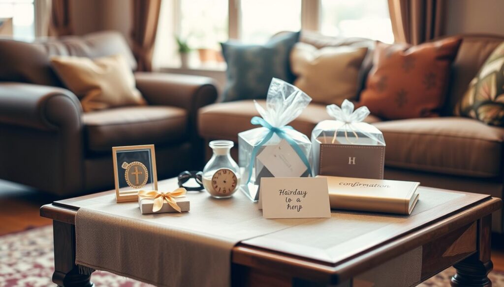 A cozy living room setting, with a wooden table in the foreground displaying a variety of thoughtful gifts for a confirmation ceremony. The table is adorned with a simple, elegant tablecloth, and the gifts are neatly arranged, showcasing their diverse nature - a religious keepsake, a stylish accessory, a practical everyday item, and a heartfelt card. The background features warm, natural lighting filtering through a window, creating a serene and inviting atmosphere. The scene conveys the importance of the occasion and the care put into selecting meaningful presents to celebrate this significant milestone.