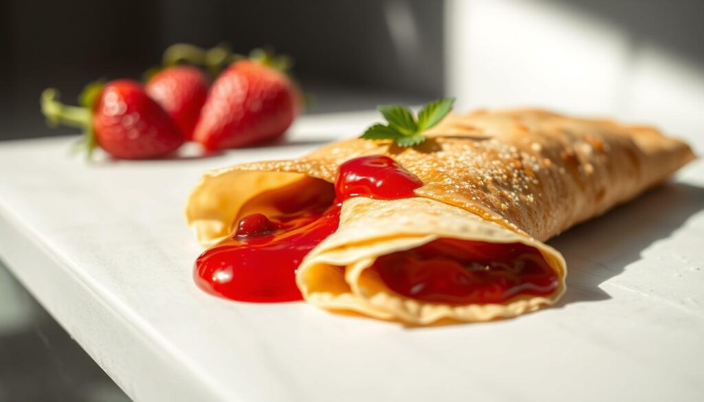 A delicate crepe filled with vibrant strawberry jam, bathed in soft natural light and set against a neutral, minimalist background. Capture the tempting allure of this classic dessert, its glossy preserve peeking through the thin, golden pancake. Render the scene with a focus on texture and color, using a shallow depth of field to draw the viewer's gaze to the nourishing centerpiece. Emphasize the dish's simplicity and elegance, creating an image that evokes a sense of comfort and indulgence.