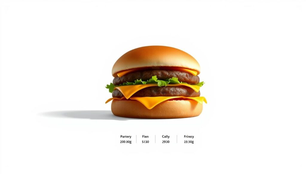 A detailed, high-resolution illustration of a McDonald's Big Mac burger, showcasing its nutritional information. The burger is placed on a clean, white background, with a simple yet informative layout. The burger is shown in a slightly elevated, three-quarter view, allowing for a clear depiction of its layers and size. The background is well-lit, with soft, diffused lighting that enhances the burger's details and colors. The focus is on the burger's cross-section, revealing the proportions of the bun, patty, cheese, and other ingredients, along with their respective nutritional values displayed in a clear, legible manner. The overall mood is clean, informative, and visually appealing, designed to effectively communicate the nutritional facts about the Big Mac.
