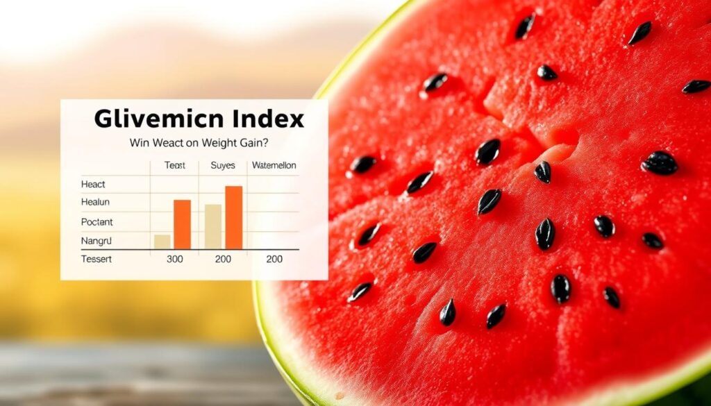 A detailed illustration depicting a watermelon, its glycemic index, and its potential impact on weight gain. The foreground showcases the watermelon, its vibrant red flesh and black seeds visible. In the middle ground, a glycemic index chart is displayed, highlighting the relatively low glycemic index of watermelon. The background features a soft, blurred landscape, creating a sense of depth and balance. The lighting is natural and diffused, casting gentle shadows and highlights on the watermelon, lending a realistic and appealing appearance. The overall mood is informative and visually engaging, conveying the key message about the watermelon's nutritional properties and its relationship to weight management.
