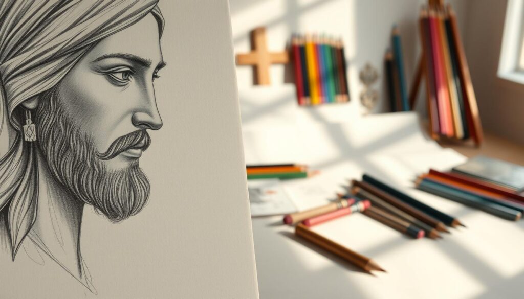 A detailed illustration of traditional artistic techniques for drawing religious figures. In the foreground, the delicate yet precise strokes of a charcoal sketch depict the serene face of Jesus Christ. The middle ground showcases a variety of drawing media, including colored pencils, pastels, and ink washes, demonstrating the versatility of these techniques. In the background, a softly lit studio setting with natural lighting casts gentle shadows, creating a contemplative atmosphere. The overall composition emphasizes the reverence and skill required to capture the sacred essence of religious artwork. A detailed illustration of traditional artistic techniques for drawing religious figures. In the foreground, the delicate yet precise strokes of a charcoal sketch depict the serene face of Jesus Christ. The middle ground showcases a variety of drawing media, including colored pencils, pastels, and ink washes, demonstrating the versatility of these techniques. In the background, a softly lit studio setting with natural lighting casts gentle shadows, creating a contemplative atmosphere. The overall composition emphasizes the reverence and skill required to capture the sacred essence of religious artwork.
