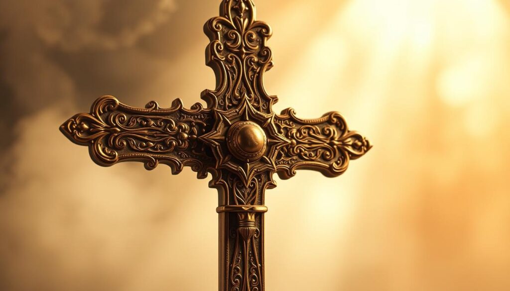 A detailed, ornate Jerusalem cross radiates spiritual significance against a serene, ethereal backdrop. Intricate golden filigree and gleaming metalwork capture the cross's symbolic weight, with warm, diffused lighting imbuing it with a sense of sacred reverence. The cross hovers in a tranquil, mist-shrouded environment, evoking a contemplative, meditative atmosphere. Subtle shafts of heavenly light pierce the hazy surroundings, elevating the cross's mystical aura. Executed with photorealistic precision and a sublime, devotional tone to complement the cross's profound spiritual meaning.