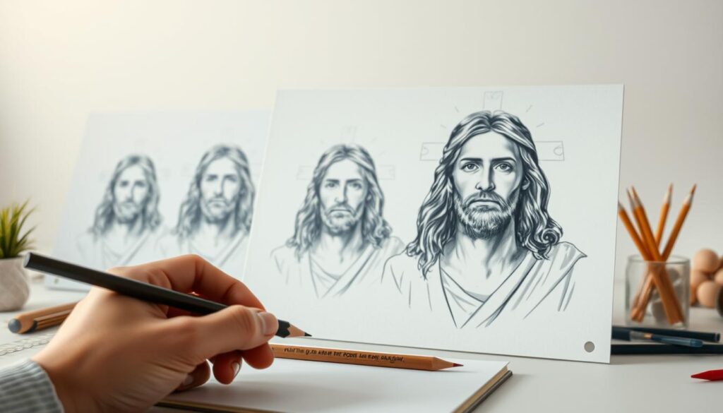 A detailed step-by-step tutorial depicting the process of drawing the portrait of Jesus Christ. The foreground features a medium close-up view of a human hand skillfully sketching the subject using pencils and a drawing pad. The middle ground showcases the evolving portrait, capturing the key stages of the drawing. The background is a clean, minimalist workspace with art supplies and tools. Soft, natural lighting illuminates the scene, creating a serene, focused atmosphere conducive to the creative process. The overall composition emphasizes the methodical, step-by-step nature of the tutorial, guiding the viewer through the artistic journey of rendering this iconic religious figure. A detailed step-by-step tutorial depicting the process of drawing the portrait of Jesus Christ. The foreground features a medium close-up view of a human hand skillfully sketching the subject using pencils and a drawing pad. The middle ground showcases the evolving portrait, capturing the key stages of the drawing. The background is a clean, minimalist workspace with art supplies and tools. Soft, natural lighting illuminates the scene, creating a serene, focused atmosphere conducive to the creative process. The overall composition emphasizes the methodical, step-by-step nature of the tutorial, guiding the viewer through the artistic journey of rendering this iconic religious figure.