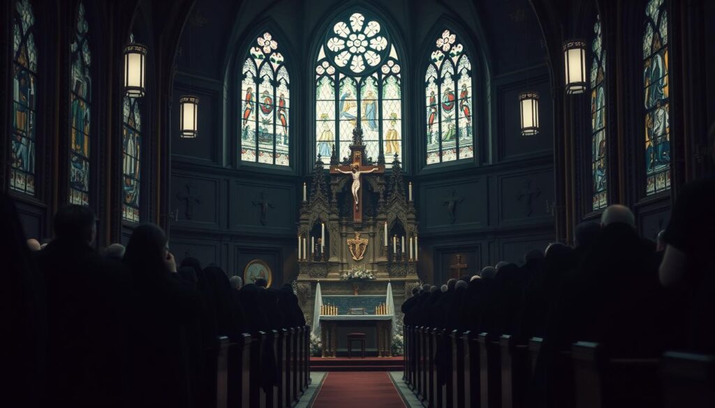 A dimly lit Catholic church interior, the pews filled with somber mourners draped in black. Ornate stained-glass windows cast a muted, melancholic glow over the scene. At the center, an elaborate altar adorned with candles and a large crucifix, the focal point of a solemn funeral mass. Priests in ceremonial vestments perform the liturgical rites, their expressions grave and reverent. The atmosphere is one of profound grief and spiritual reflection, as the congregation gathers to honor the departed and seek solace in their faith.