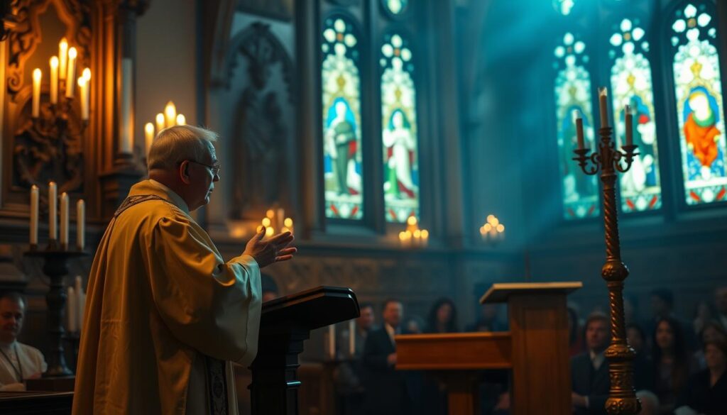 A dimly lit Catholic church interior, with stained glass windows casting a warm glow. In the foreground, a priest in ceremonial robes stands at a podium, gesturing solemnly as he delivers a sermon. Behind him, the congregation sits in contemplative silence, their faces lit by the soft, reverent light. The background is hazy, with intricate carved woodwork and candlesticks casting long shadows, evoking a sense of tradition and the weight of religious doctrine. The overall mood is one of solemn reflection, as the priest elaborates on the Church's teachings regarding the use of contraception.