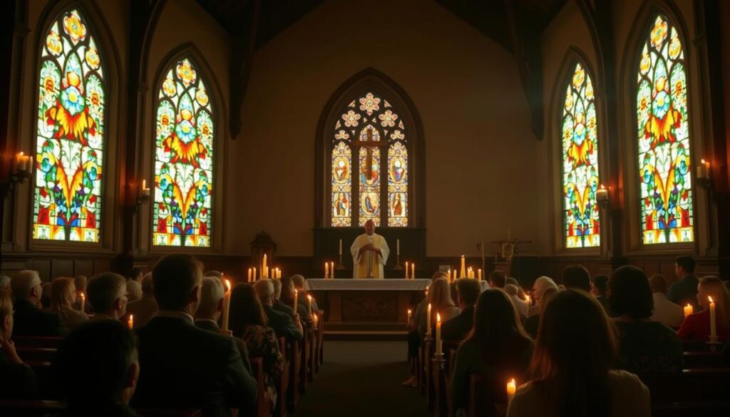 A dimly lit Catholic church, the interior bathed in the warm glow of candles. Parishioners sit in contemplative silence, their faces illuminated by the flickering flames. A priest stands at the altar, leading a solemn service as the stained-glass windows cast kaleidoscopic patterns on the walls. The atmosphere is one of introspection and spiritual renewal, as the faithful gather for a parish retreat, the duration of which is uncertain, lasting as long as the soul requires to find its peace. A dimly lit Catholic church, the interior bathed in the warm glow of candles. Parishioners sit in contemplative silence, their faces illuminated by the flickering flames. A priest stands at the altar, leading a solemn service as the stained-glass windows cast kaleidoscopic patterns on the walls. The atmosphere is one of introspection and spiritual renewal, as the faithful gather for a parish retreat, the duration of which is uncertain, lasting as long as the soul requires to find its peace.