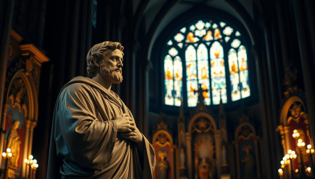 A dimly lit cathedral interior, the soft glow of stained glass casting a warm, reverent light. In the foreground, a life-size statue of Saint Matthew, the evangelist, stands in a pose of contemplation. His features are serene, his gaze fixed inward, as if communing with the divine. In the middle ground, ornate altars and intricate carvings adorn the walls, echoing the rich history and sacred traditions associated with this revered saint. The background fades into shadowy recesses, hinting at the depth of his spiritual legacy and the enduring reverence of his cult within the Christian faith.