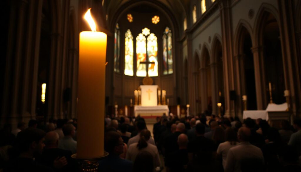 A dimly lit church interior during the Paschal Vigil on Holy Saturday. In the foreground, a large Paschal candle stands tall, its flame illuminating the darkened sanctuary. Clusters of worshipers kneel in reverent prayer, their faces softly aglow. The middle ground reveals the soaring architecture, with stained glass windows casting warm, multicolored hues. In the background, the altar is draped in white, signifying the joyous celebration of the Resurrection. The overall atmosphere is one of sacred solemnity, as the faithful participate in this ancient liturgical rite, marking the transition from darkness to light. A dimly lit church interior during the Paschal Vigil on Holy Saturday. In the foreground, a large Paschal candle stands tall, its flame illuminating the darkened sanctuary. Clusters of worshipers kneel in reverent prayer, their faces softly aglow. The middle ground reveals the soaring architecture, with stained glass windows casting warm, multicolored hues. In the background, the altar is draped in white, signifying the joyous celebration of the Resurrection. The overall atmosphere is one of sacred solemnity, as the faithful participate in this ancient liturgical rite, marking the transition from darkness to light.