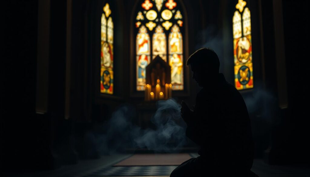 A dimly lit church interior, the stained glass casting a warm, ethereal glow. In the foreground, a devout figure kneels in prayer, their face serene and tranquil. Surrounding them, a faint mist swirls, hinting at the presence of souls from purgatory. The middle ground reveals a small altar, adorned with candles and religious iconography, serving as a focal point for the spiritual connection. In the background, the shadows deepen, creating a sense of mystery and the unseen. The overall atmosphere is one of reverence, contemplation, and the intermingling of the earthly and the divine.