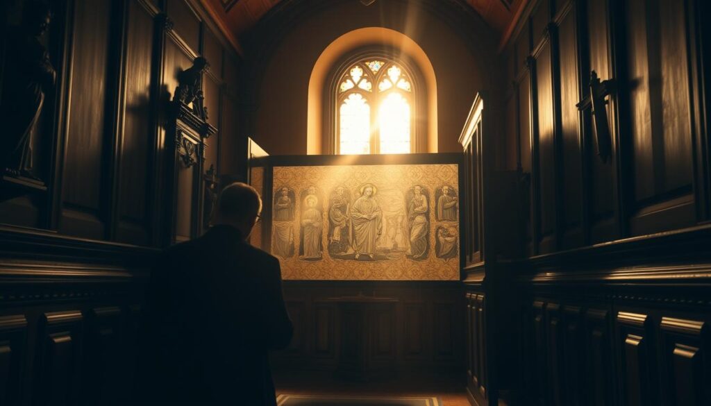 A dimly lit confessional booth in the historic Dominican Monastery in Lublin, Poland. The interior is warm and inviting, with ornate wooden paneling and intricate religious carvings adorning the walls. The priest sits patiently, ready to hear the confessions of the faithful. A single beam of soft, golden light filters in through a stained glass window, casting a reverent glow over the scene. The penitent kneels before the screen, their face obscured in shadow, pouring their heart out in a moment of profound spiritual reflection. The atmosphere is one of solemnity and sacred intimacy, capturing the essence of confession in this sacred space.