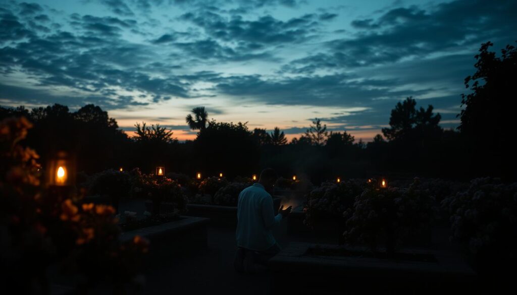 A dimly lit garden at dusk, the soft glow of lanterns casting a warm embrace over the scene. In the center, a solitary figure kneels in prayer, his hands clasped, head bowed in reverence. The air is heavy with the scent of blooming flowers, their petals casting long shadows across the ground. The sky above is a tapestry of deepening hues, a reminder of the passing of time. The atmosphere is one of contemplation, of a profound connection between the individual and the divine. Gentle wisps of mist curl around the figure, adding an ethereal quality to the moment. This is the Garden of Gethsemane, where Christ sought solace and strength before his ultimate sacrifice. A dimly lit garden at dusk, the soft glow of lanterns casting a warm embrace over the scene. In the center, a solitary figure kneels in prayer, his hands clasped, head bowed in reverence. The air is heavy with the scent of blooming flowers, their petals casting long shadows across the ground. The sky above is a tapestry of deepening hues, a reminder of the passing of time. The atmosphere is one of contemplation, of a profound connection between the individual and the divine. Gentle wisps of mist curl around the figure, adding an ethereal quality to the moment. This is the Garden of Gethsemane, where Christ sought solace and strength before his ultimate sacrifice.