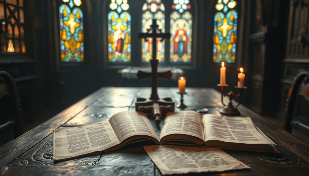 A dimly lit, medieval-style room with ancient, parchment-like pages scattered across an ornate wooden table. In the foreground, a cross and candles cast a warm, reverent glow, while stained-glass windows in the background filter in soft, multicolored light. The atmosphere is one of contemplation and spiritual introspection, evoking the solemn nature of biblical passages on confession and repentance. The composition is balanced, with the table and religious artifacts anchoring the center, while the peripheral elements create a sense of depth and mysticism. Overall, the image conveys the reverent and introspective nature of the biblical fragments on the subject of confession.