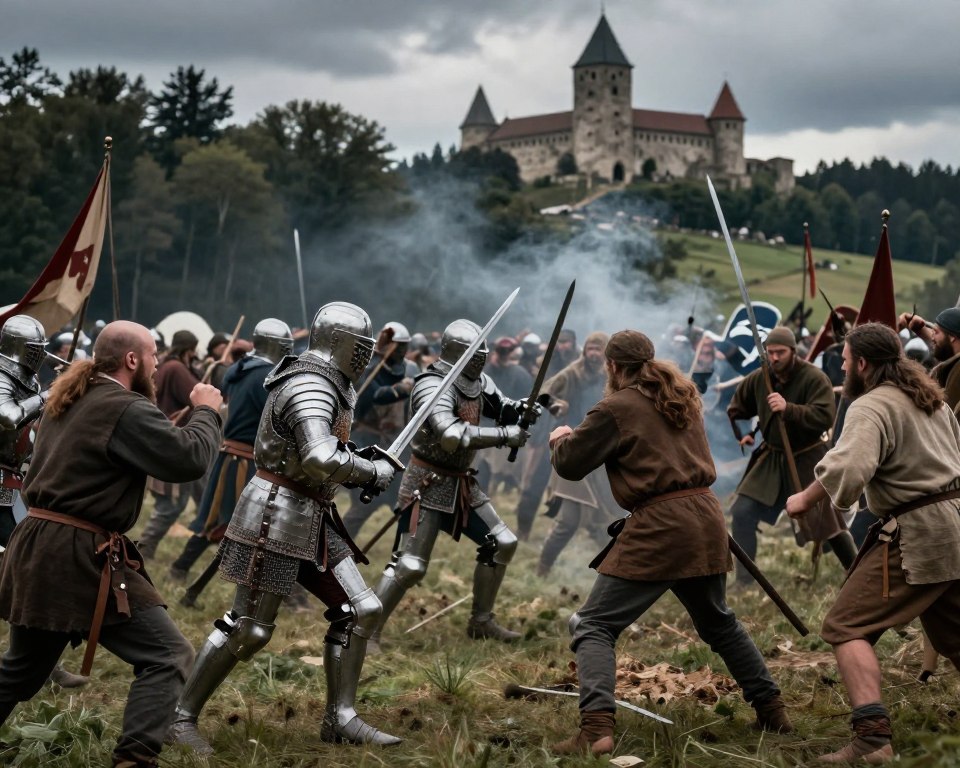 A dramatic medieval scene depicting crusading knights of the Teutonic Order battling against pagan tribes in the historic region of Prussia and the Baltic States. In the foreground, armored knights wielding swords and shields, showcasing intricate details on their armor, clash with tribal warriors dressed in simple, rugged clothing. The middle ground features a chaotic battlefield, with banners flying and a hint of smoke in the air, while the background displays a dense forest and a distant view of a medieval castle perched on a hill. The lighting is moody, with a dim, overcast sky, casting dramatic shadows that enhance the intensity of the moment. Capture the atmosphere of struggle and valor, highlighting the contrast between the knights' discipline and the tribes' fierce determination. Ensure the image is devoid of any text or watermarks.