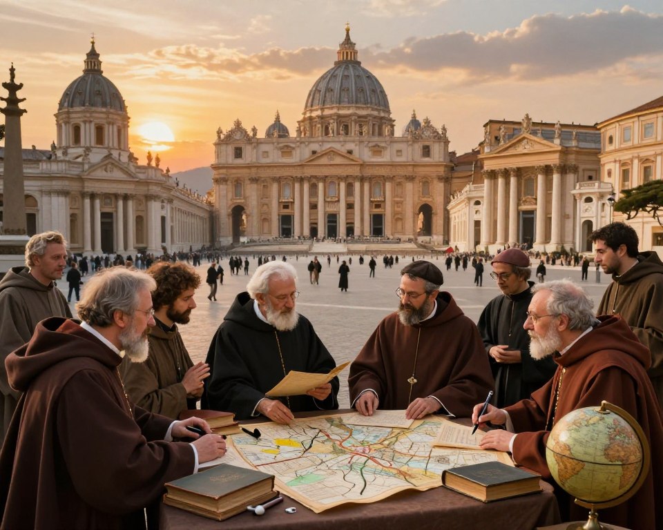 A dynamic scene depicting the influence of religious orders on culture and politics. In the foreground, a group of well-dressed scholars and clergy members represent various monastic orders, deep in discussion over ancient texts and maps. They are surrounded by symbols of learning, such as books, quills, and globes. In the middle ground, a vibrant city square bustling with citizens, showcasing architectural styles influenced by different religious orders, like baroque churches and educational institutions. In the background, a majestic skyline is illuminated by a warm sunset, casting a golden glow over the scene, evoking a sense of historical importance and cultural richness. The atmosphere should be one of collaboration and reverence, capturing the essence of the lasting impact of religious orders.