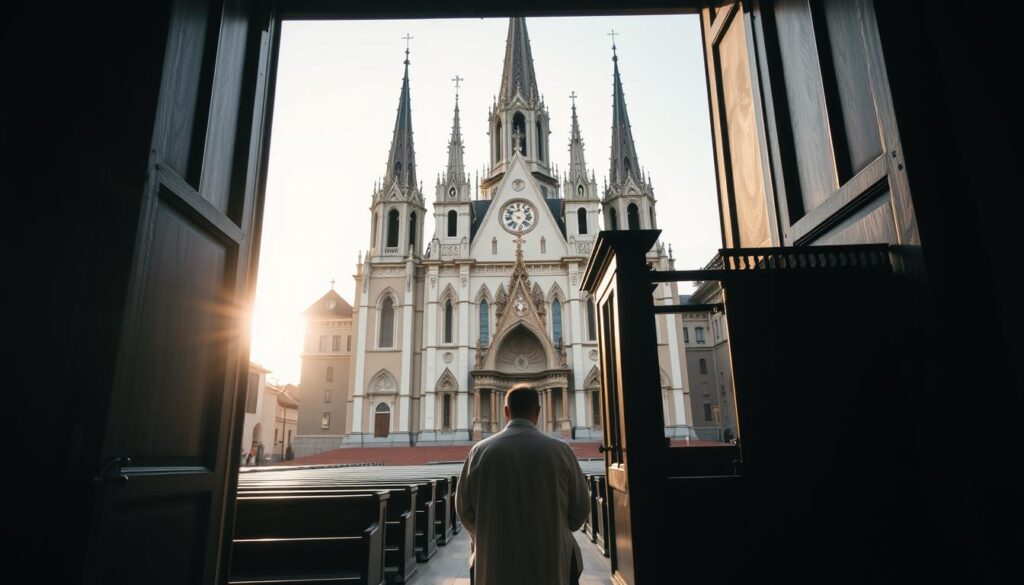 A grand cathedral in the heart of Lublin, Poland, its towering spires and ornate facade bathed in the warm glow of afternoon sunlight. Through the open doorway, a serene interior comes into view, with rows of wooden pews and the soft light filtering through stained glass windows. In the foreground, a priest sits in a confessional, ready to hear the penitents' sins in an intimate, hushed atmosphere. The atmosphere is one of contemplation and spiritual renewal, inviting the viewer to imagine the transformative power of confession within this hallowed space.