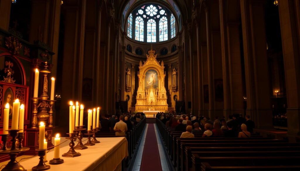 A grand cathedral interior in Warsaw, Poland, illuminated by warm, dramatic lighting. In the foreground, an ornate altar adorned with candles and religious iconography, casting a soft glow. In the middle ground, rows of wooden pews filled with worshippers, their faces cast in solemn reverence. The high-vaulted ceiling and stained-glass windows create a sense of grandeur and spiritual tranquility. The atmosphere evokes the solemnity and timeless tradition of the Gregorian mass, with the focal point being the serene, contemplative mood of the service. Subtle details, such as the intricate architectural details and the rich textures of the religious vestments, enhance the overall sense of reverence and historical significance.