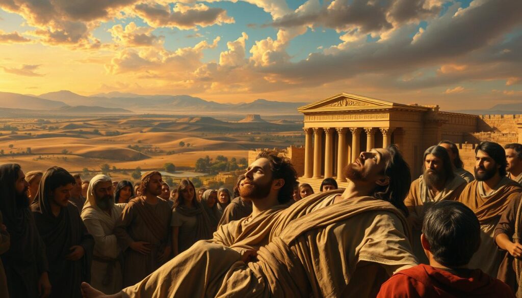 A historical scene of a biblical resurrection, captured in a dramatic Renaissance-style painting. The foreground depicts the miraculously resurrected individual, their eyes wide with wonder, surrounded by a crowd of awestruck onlookers in period-accurate robes and tunics. The middle ground features a temple or palace, its grand architecture and ornate details evoking the ancient Near Eastern setting. The background is a sweeping landscape of rolling hills, distant mountains, and a vivid sky, bathed in warm, golden light that casts a sense of reverence and divine intervention. The overall composition conveys a powerful narrative of the historical context and spiritual significance of the resurrection, as if frozen in a timeless moment of wonder and transformation.