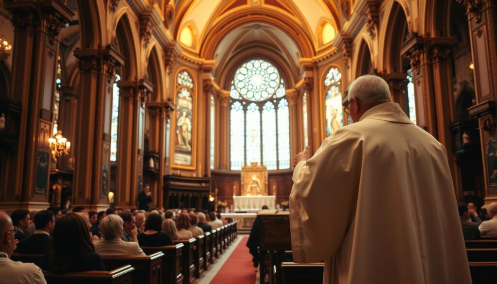 A large, ornate Catholic church interior with intricate architectural details and stained glass windows bathed in warm, golden lighting. In the foreground, a priest stands at the altar, leading a solemn communion ceremony, his robes flowing gracefully. The congregation fills the pews, their expressions contemplative as they partake in the sacrament. The scene conveys a sense of reverence and timelessness, capturing the essence of a communion mass in progress. The perspective is from the side, providing a detailed view of the ritual unfolding, the duration of the ceremony palpable in the stillness of the moment.