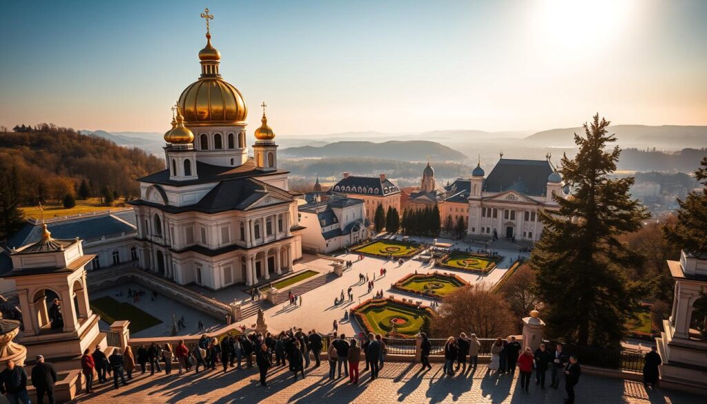 A majestic view of Jasna Góra, the iconic Polish pilgrimage site, bathed in warm sunlight. The grand Baroque-style basilica stands tall, its golden domes and towers glimmering. Pilgrims and visitors explore the sacred grounds, marveling at the rich history and architectural splendor. In the foreground, a group of people gather at the entrance, ready to embark on their spiritual journey. The middle ground reveals the serene courtyards and surrounding gardens, inviting contemplation. The background showcases the picturesque city of Częstochowa, nestled amongst rolling hills. The overall atmosphere exudes a sense of reverence, tranquility, and timeless tradition.