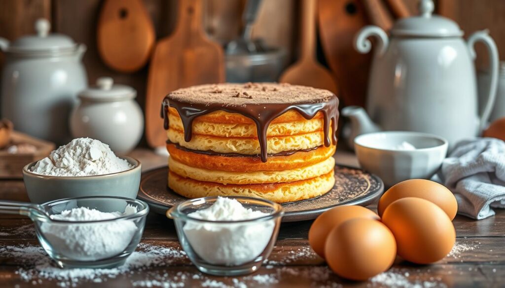 A meticulously crafted classical cake, the "Wuzetka," sits center frame, its golden sponge layers and rich chocolate ganache glistening under soft, warm lighting. Delicate cocoa dusting edges the cake, framing its elegant silhouette. In the foreground, precise measurements of flour, sugar, eggs, and other key ingredients are neatly arranged, hinting at the careful preparation process. The background features a vintage, rustic kitchen setting, with classic utensils and bowls adding to the timeless, artisanal atmosphere. Conveying a sense of tradition and attention to detail, this image perfectly captures the "Wskazówki do udanej Wuzetki" - the essential tips for crafting this classic Polish confection.