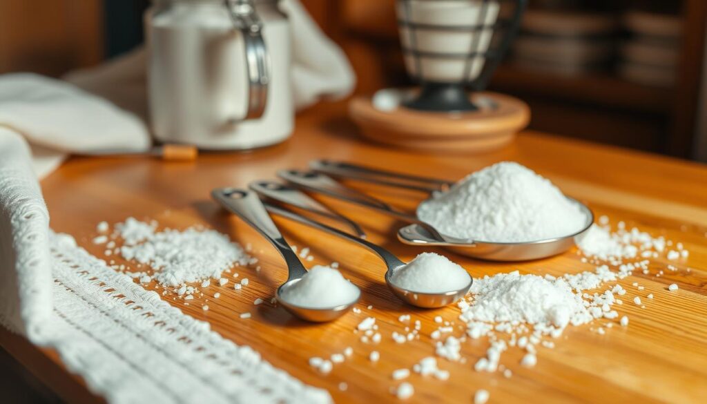 A meticulously crafted scene showcasing the precise measurement of sugar in teaspoons and tablespoons. A polished wooden table serves as the stage, adorned with a bright white tablecloth and a selection of elegant measuring spoons. Soft, warm lighting casts a gentle glow, highlighting the intricate details of the spoons and the precise amounts of white sugar they contain. The scene conveys a sense of order and precision, inviting the viewer to appreciate the importance of accurately measuring this essential ingredient. The composition is balanced and visually appealing, with the measuring spoons taking center stage and the background elements subtly complementing the focal point.