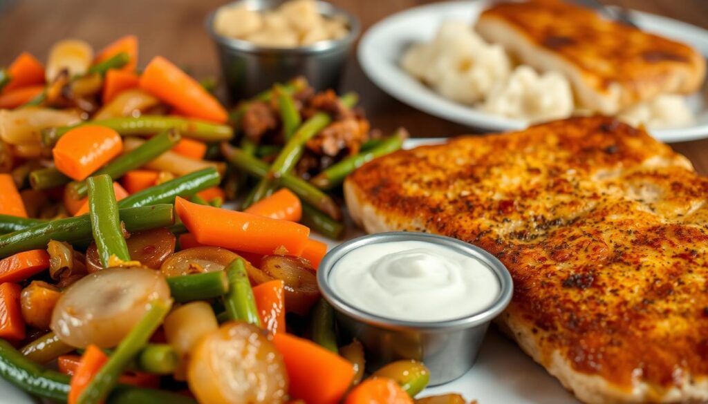 A neatly arranged spread of side dishes to complement succulent fish cutlets. In the foreground, a vibrant assortment of sautéed vegetables, such as crisp carrots, tender green beans, and caramelized onions, glistens under the warm lighting. In the middle ground, a bowl of creamy mashed potatoes, their fluffy texture inviting a generous helping. Alongside, a small dish of tangy, housemade tartar sauce, its creamy white hue contrasting with the vibrant greens and oranges. In the background, a simple white plate, ready to showcase the perfectly golden-brown fish cutlets, the centerpiece of this delightful meal. The composition is balanced, the colors and textures complementing each other to create an appetizing and visually appealing scene.