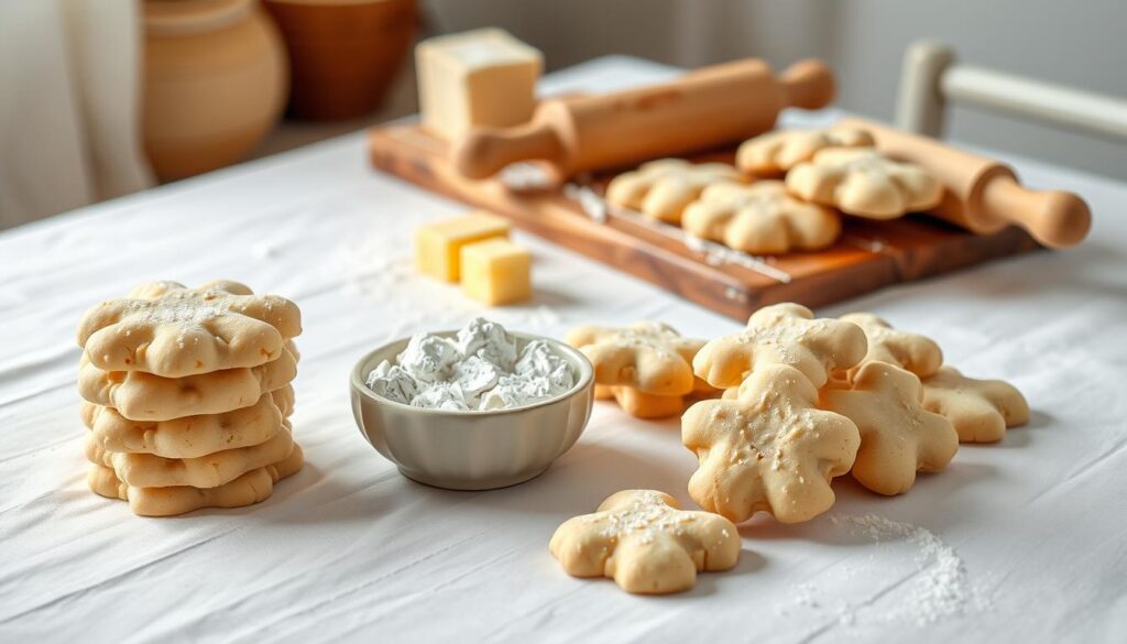 A neatly arranged table, set with a crisp white tablecloth, showcases an array of freshly baked amoniaczki - the classic Polish Christmas cookies from the recipe of Sister Anastazja. In the foreground, a stack of the delicate, crumbly cookies sits alongside a small ceramic bowl filled with a selection of ingredients, including flour, sugar, butter, and a sprinkling of powdered sugar. The mid-ground features a rustic wooden board, rolling pin, and a dusting of flour, hinting at the meticulous preparation process. The background is softly blurred, creating a warm, cozy atmosphere reminiscent of a family kitchen. Soft, natural lighting bathes the scene, highlighting the texture and warmth of the ingredients and baked goods.