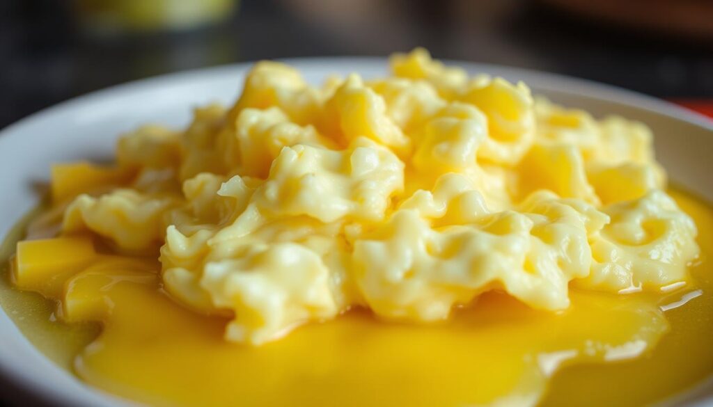 A plate of delectable scrambled eggs sizzling atop a bed of golden butter. The soft, fluffy texture contrasts with the rich, creamy hue, creating a mouthwatering display. Warm, diffused lighting casts a gentle glow, highlighting the subtle sheen of the melted butter. The scene is captured from a slightly elevated angle, giving a tantalizing view of the simple yet indulgent dish. The background is softly blurred, allowing the viewer to focus solely on the inviting, homemade presentation of this classic comfort food.