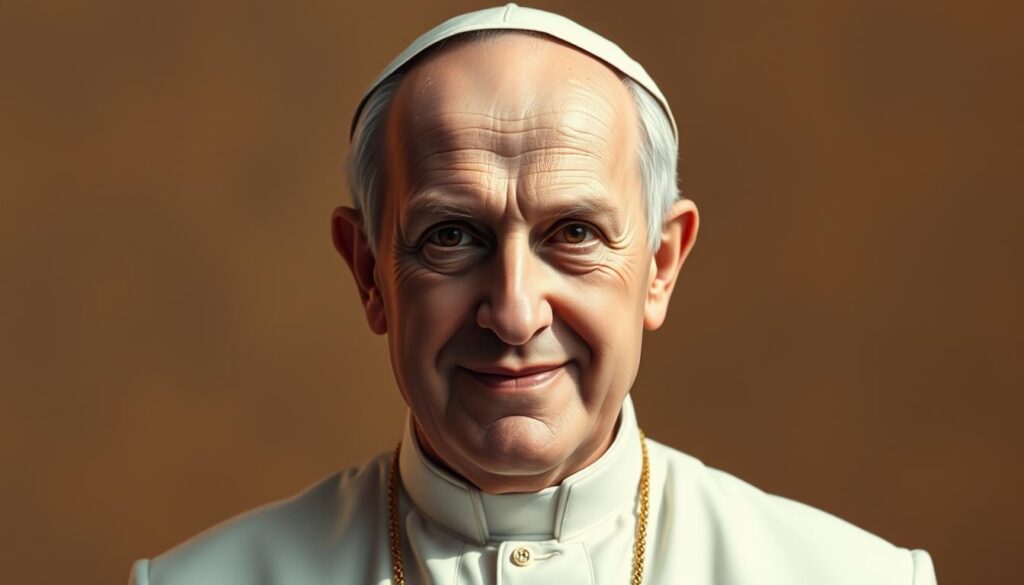A portrait of Pope John Paul II in a detailed, realistic style. The foreground features the Pope's face with expressive eyes, gentle smile, and distinct facial features. The middle ground shows the Pope's upper body, wearing a white papal cassock and red stole. The background is a soft, muted color palette, creating a contemplative and reverent atmosphere. The lighting is warm and directional, casting subtle shadows to accentuate the subject's form. The overall composition is balanced and centered, emphasizing the Pope's serene and benevolent presence.