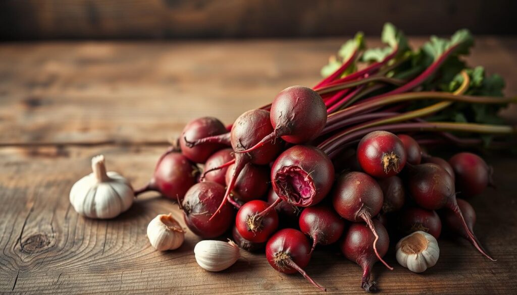 A rustic still life composition capturing the essential ingredients for a traditional Polish beetroot sourdough starter. Neatly arranged on a wooden surface, a pile of freshly harvested red beets, their rich hues complemented by the earthy tones of whole garlic cloves. Soft, indirect lighting casts subtle shadows, accentuating the organic textures and shapes. The arrangement conveys a sense of homespun authenticity, inviting the viewer to imagine the creation of a time-honored culinary staple. The image aims to visually represent the section title "Składniki potrzebne do przygotowania zakwasu" with a carefully curated selection of the key components.