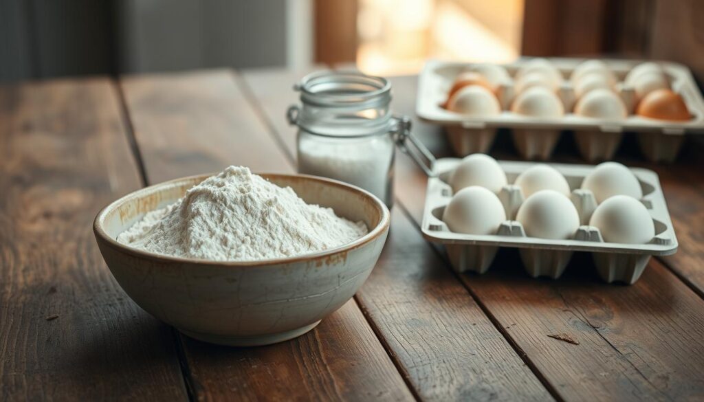A rustic wooden table, its surface worn and weathered, serves as the stage for the key ingredients to a delectable three-ingredient cake. In the foreground, a cracked ceramic bowl filled with a pile of unbleached all-purpose flour, its gentle hue complementing the natural setting. Beside it, a small glass jar of granulated sugar, its crystals glistening under the warm, diffused lighting from a nearby window. Finally, a carton of fresh eggs, their smooth shells a stark contrast to the rough-hewn table. The scene is bathed in a soft, natural light, creating a cozy, inviting atmosphere that hints at the simple pleasures of home baking. A minimalist, yet captivating arrangement that perfectly captures the essence of the "Ciasto z 3 Składników" recipe. A rustic wooden table, its surface worn and weathered, serves as the stage for the key ingredients to a delectable three-ingredient cake. In the foreground, a cracked ceramic bowl filled with a pile of unbleached all-purpose flour, its gentle hue complementing the natural setting. Beside it, a small glass jar of granulated sugar, its crystals glistening under the warm, diffused lighting from a nearby window. Finally, a carton of fresh eggs, their smooth shells a stark contrast to the rough-hewn table. The scene is bathed in a soft, natural light, creating a cozy, inviting atmosphere that hints at the simple pleasures of home baking. A minimalist, yet captivating arrangement that perfectly captures the essence of the "Ciasto z 3 Składników" recipe.