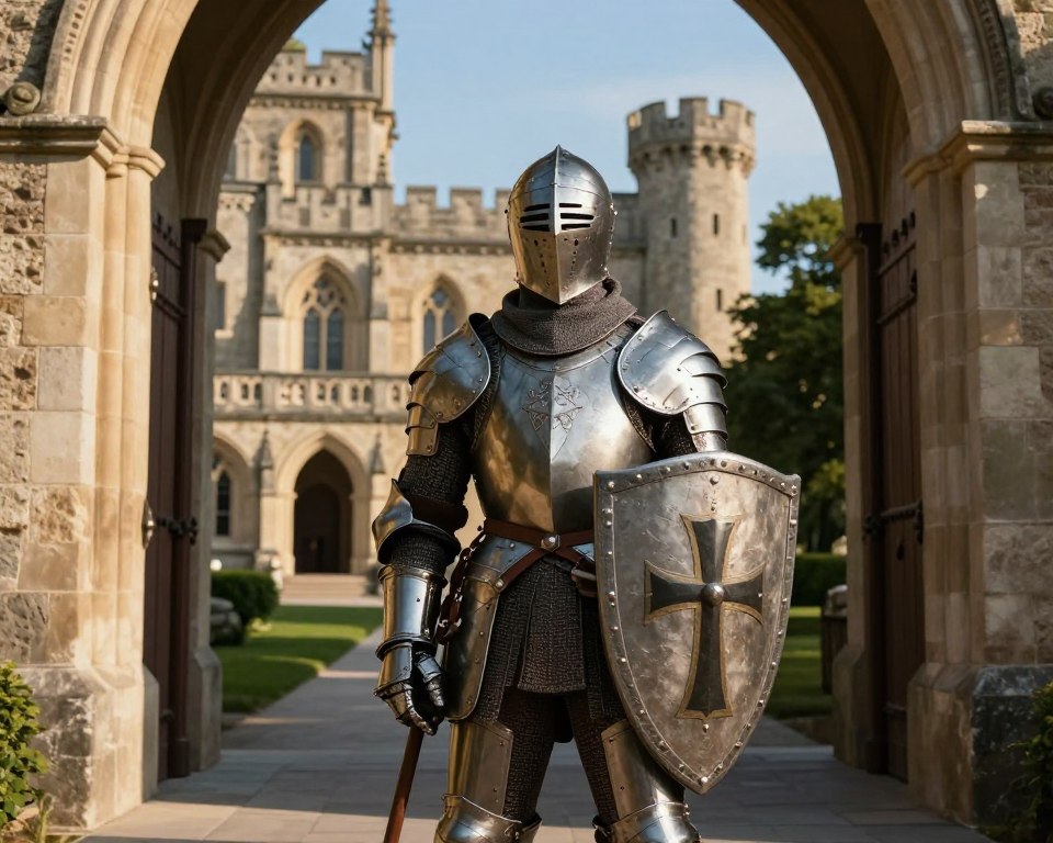 A scene depicting a Joannici knight in full armor, standing proudly at the entrance of a grand medieval hospital. In the foreground, the knight is holding a distinctive shield adorned with the cross symbol, with intricate details reflecting the light. The middle ground features the hospital's stone walls, showcasing Gothic architecture, with arched windows and a covered walkway. In the background, lush greenery and a clear blue sky add to the serene atmosphere. The lighting is warm, suggesting late afternoon sunlight, casting gentle shadows that enhance the knight's features. The overall mood is one of bravery and compassion, illustrating the transformation from a caring order to a formidable military force.