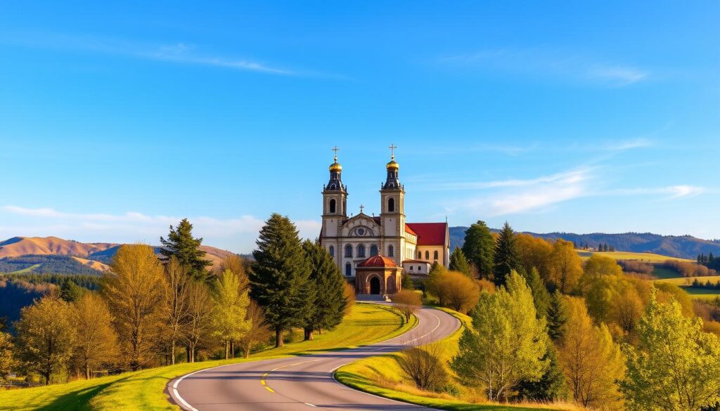 A scenic view of the historic Jasna Góra Monastery, set against the backdrop of rolling hills and a cloudless blue sky. In the foreground, a winding road leads up to the iconic monastery complex, flanked by towering trees and lush greenery. The middle ground showcases the stately architecture of the main basilica, its ornate facade and twin towers standing proudly. Bathed in warm, golden sunlight, the scene conveys a sense of tranquility and reverence, inviting the viewer to embark on a pilgrimage to this sacred site. The composition emphasizes the grand scale and architectural splendor of Jasna Góra, capturing the essence of this renowned destination.
