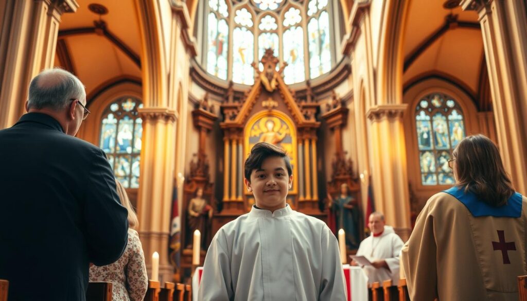 A serene Catholic church interior, bathed in warm, diffused lighting. The focal point is a young person, standing before the altar, surrounded by family and clergy. The individual's expression is one of solemnity and reverence, as they prepare to receive the sacrament of Confirmation. The architecture features ornate Gothic arches, stained glass windows, and intricate religious iconography, creating a sense of timeless tradition. The scene conveys the significance and solemnity of the Confirmation ceremony, a pivotal moment in a Catholic's spiritual journey.