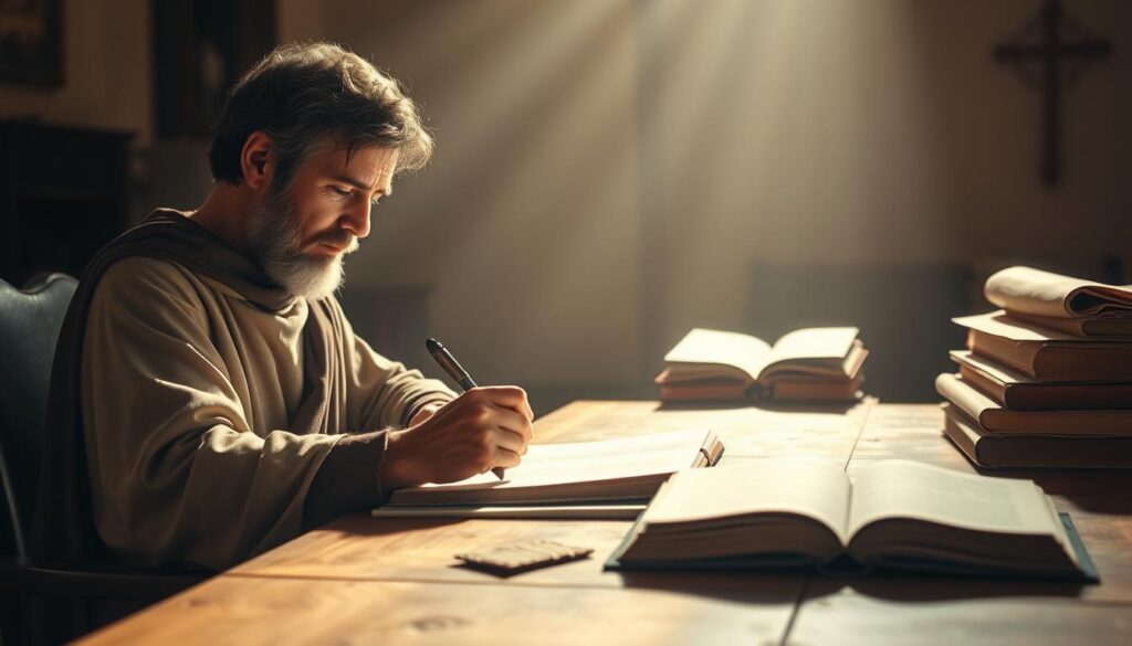 A serene and contemplative scene of Saint Matthew, the Evangelist, at work. In the foreground, a pensive Matthew sits at a wooden desk, quill in hand, meticulously recording the life and teachings of Jesus. Soft, warm lighting bathes the scene, casting a reverent glow. In the middle ground, a stack of parchments and an open book suggest the depth of Matthew's scholarly endeavors. The background depicts a simple, yet elegant interior, hinting at the sacred nature of the Evangelist's work. The overall atmosphere is one of focused devotion and divine inspiration, conveying the gravity of Matthew's role as a recorder of the Gospel.