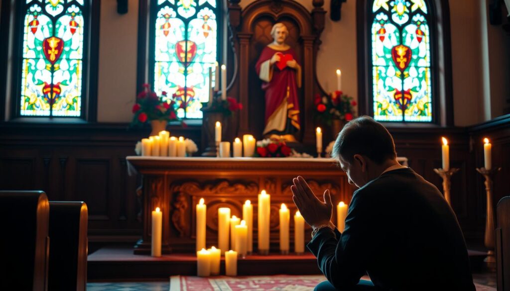 A serene and sacred candlelit interior, with a carved wooden altar adorned with fresh flowers and a statue of Saint Valentine holding a red heart in his outstretched hand. Soft, warm lighting casts a gentle glow, creating an atmosphere of reverence and devotion. In the foreground, a kneeling figure in prayer, their hands clasped, head bowed in contemplation. The background features stained glass windows, casting colorful patterns of light across the scene. A feeling of tranquility and spirituality permeates the space, inviting the viewer to join in the solemn act of "Modlitwa do św walentego" - a prayer to the patron saint of love.