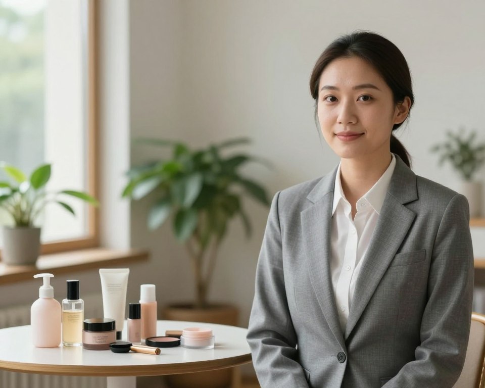 A serene, balanced scene depicting the concept of moderation in personal appearance. In the foreground, a well-groomed individual in professional attire stands confidently, reflecting a healthy balance between elegance and simplicity. Their expression is calm and content, suggesting inner harmony. In the middle ground, a thoughtfully arranged array of beauty products, such as skincare and makeup, is displayed on a simple table, evoking a sense of mindful consumption. The background features soft, natural lighting filtering through a window, illuminating a peaceful indoor space adorned with plants, symbolizing growth and moderation. The overall atmosphere is tranquil and inspiring, encouraging a balanced approach to self-care and appearance.
