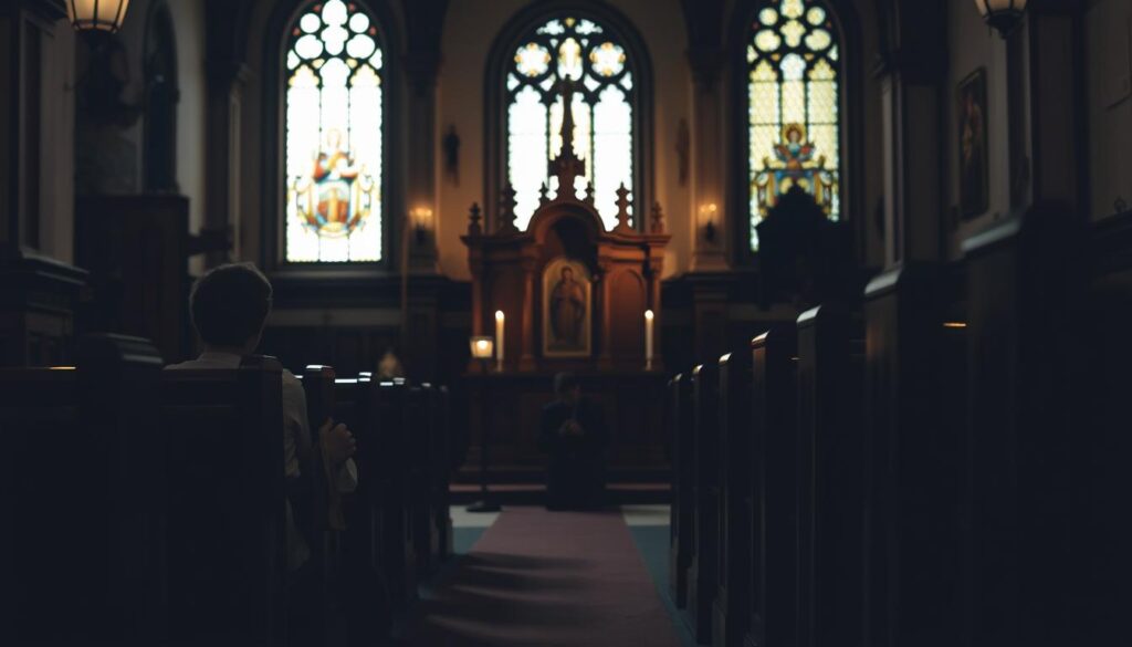 A serene, dimly lit interior scene of a Catholic church. In the foreground, a person kneels in prayer, their hands clasped and head bowed, the soft glow of a candle illuminating their face. Behind them, an ornate confessional stands, its wooden panels carved with intricate religious motifs. The middle ground is filled with pews, their dark wood gleaming in the muted light. In the background, the high vaulted ceiling and stained glass windows cast a warm, sacred ambiance, creating a contemplative atmosphere perfect for the solemn act of Lenten confession.