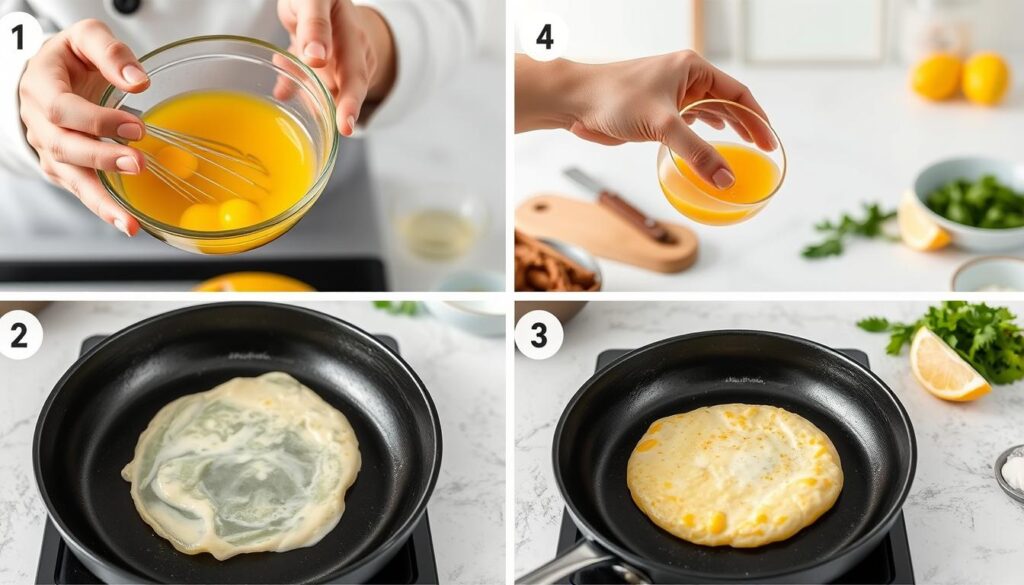 A series of step-by-step food preparation images showcasing the making of egg patties. In the foreground, a chef's hands carefully crack eggs into a bowl, whisk them together, and pour the mixture into a well-oiled skillet. The middle ground shows the eggs cooking, gradually forming into a round, golden-brown patty. In the background, a clean, minimalist kitchen counter with fresh herbs, lemon wedges, and other simple garnishes. The lighting is soft and natural, highlighting the textures and colors of the ingredients. The overall mood is one of simple home-cooked comfort and instructional clarity, guiding the viewer through the process of creating these delicious egg-based patties.