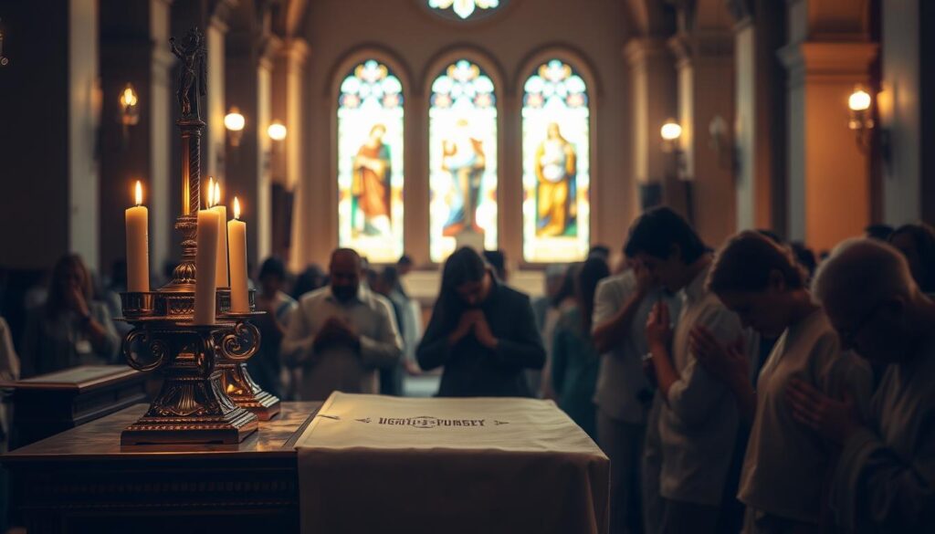 A solemn Catholic mass during Holy Thursday, the night of the Last Supper. In the foreground, an ornate altar adorned with candlesticks and a crucifix, casting a warm, reverent glow. The middle ground features worshipers kneeling in prayer, their faces serene and contemplative. In the background, stained glass windows filter in soft, ethereal light, imbuing the scene with a sense of divine presence. The overall composition conveys the profound significance of this religious observance, a time of spiritual reflection and the commemoration of Christ's ultimate sacrifice.