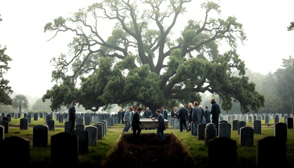 A solemn cemetery scene, with rows of gravestones and a meticulously maintained lawn. In the foreground, mourners gathered around a freshly dug grave, solemnly observing the reburial of a loved one's remains. The soft, diffused light casts a reverent atmosphere, as the attendants reverently carry the casket to its new resting place. In the background, a towering oak tree provides a gentle canopy, its branches swaying softly in the breeze. The overall mood is one of quiet contemplation and the respectful honoring of the departed.