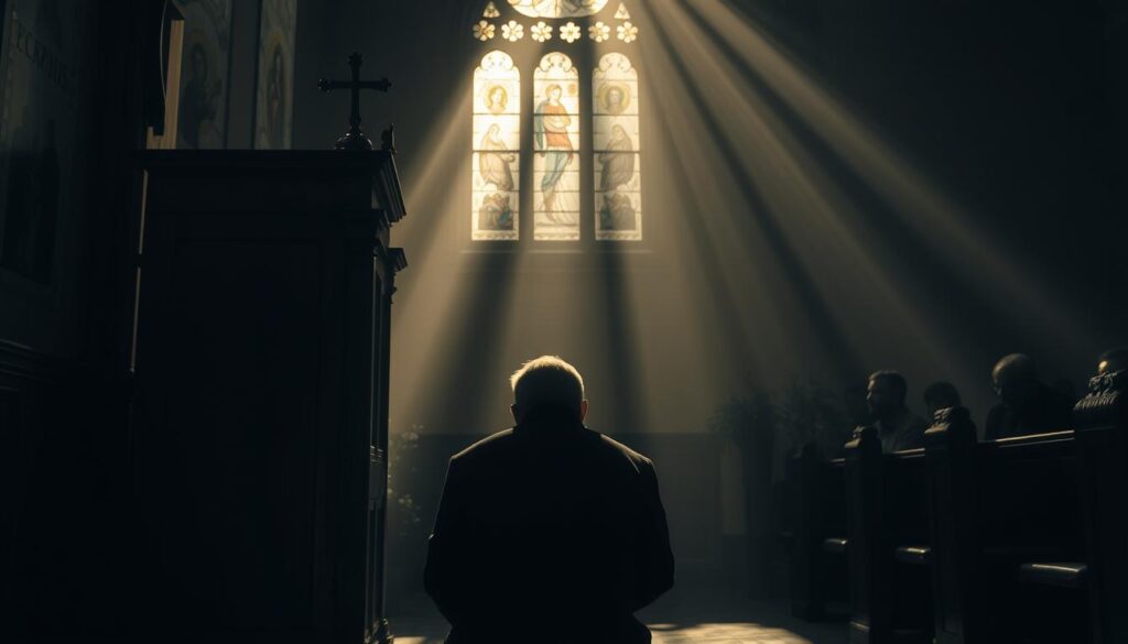 A solemn confessional scene unfolds in the dimly lit church on Good Friday. A penitent kneels before a weathered wooden confessional, their face obscured by shadow as they earnestly seek absolution. Sunlight filters through stained glass, casting a soft, reverent glow upon the hallowed space. The air is thick with the weight of contemplation, as the faithful reflect on the sacrifices of Christ. Intricate religious iconography adorns the walls, guiding the worshippers' gaze heavenward. A sense of profound solemnity permeates the space, as the faithful commune with the divine on this most sacred of days.